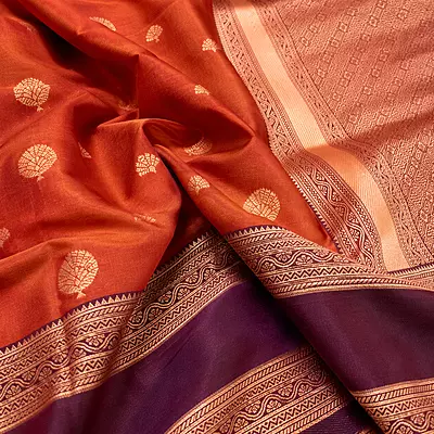 Premium Soft Silk Saree – Copper Orange with Deep Wine Zari Border | Traditional Wedding Wear