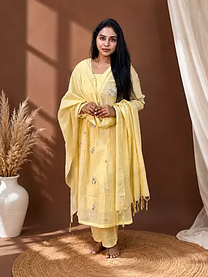 Luxury Celebrity Wear Mul Chanderi Embroidered Kurti Set with Dupatta – Pastel Yellow | M, XL, XXL