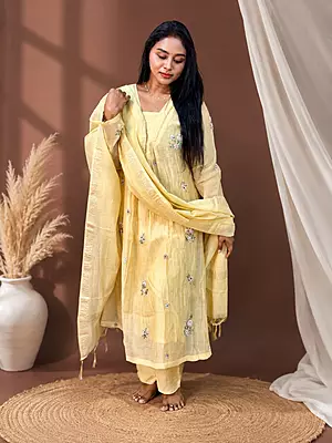 Luxury Celebrity Wear Mul Chanderi Embroidered Kurti Set with Dupatta – Pastel Yellow | M, XL, XXL