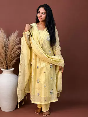 Luxury Celebrity Wear Mul Chanderi Embroidered Kurti Set with Dupatta – Pastel Yellow | M, XL, XXL