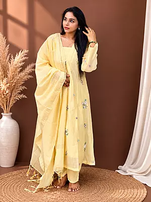 Luxury Celebrity Wear Mul Chanderi Embroidered Kurti Set with Dupatta – Pastel Yellow | M, XL, XXL