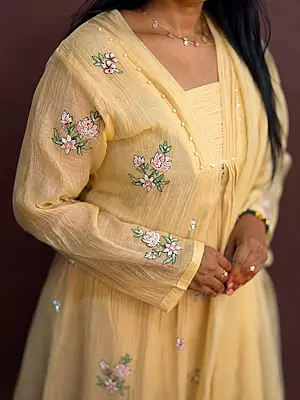 Luxury Celebrity Wear Mul Chanderi Embroidered Kurti Set with Dupatta – Pastel Yellow | M, XL, XXL