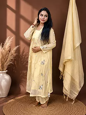 Luxury Celebrity Wear Mul Chanderi Embroidered Kurti Set with Dupatta – Pastel Yellow | M, XL, XXL