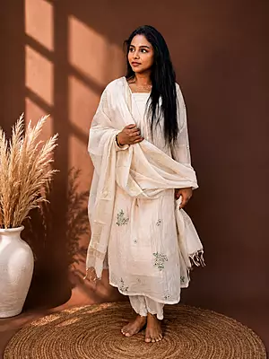 Luxury Celebrity Wear Mul Chanderi Embroidered Kurti Set with Dupatta – Ivory White | M, XL, XXL