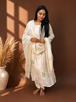 Luxury Celebrity Wear Mul Chanderi Embroidered Kurti Set with Dupatta – Ivory White | M, XL, XXL