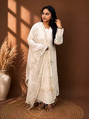 Luxury Celebrity Wear Mul Chanderi Embroidered Kurti Set with Dupatta – Ivory White | M, XL, XXL