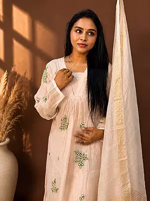 Luxury Celebrity Wear Mul Chanderi Embroidered Kurti Set with Dupatta – Ivory White | M, XL, XXL