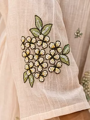 Luxury Celebrity Wear Mul Chanderi Embroidered Kurti Set with Dupatta – Ivory White | M, XL, XXL