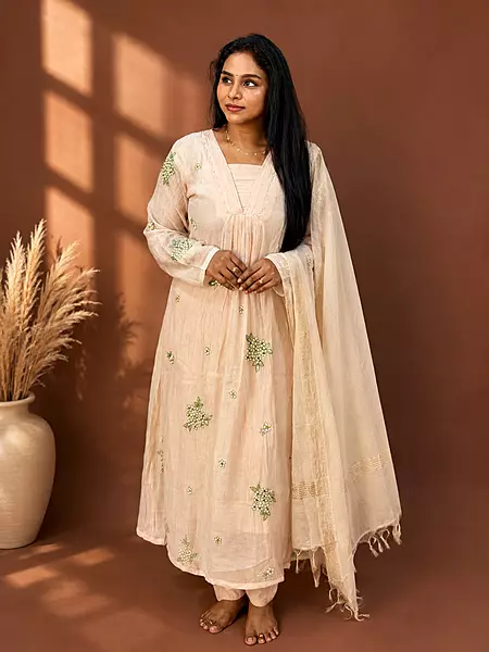 Luxury Celebrity Wear Mul Chanderi Embroidered Kurti Set with Dupatta – Ivory White | M, XL, XXL