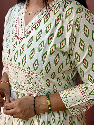Luxury Celebrity Wear Printed Cotton Maxi Kurta for Women – White & Green | M, L, XL, XXL