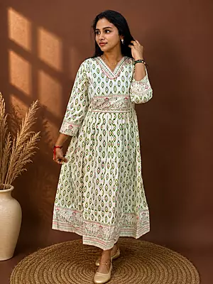 Luxury Celebrity Wear Printed Cotton Maxi Kurta for Women – White & Green | M, L, XL, XXL