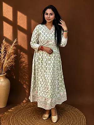 Luxury Celebrity Wear Printed Cotton Maxi Kurta for Women – White & Green | M, L, XL, XXL