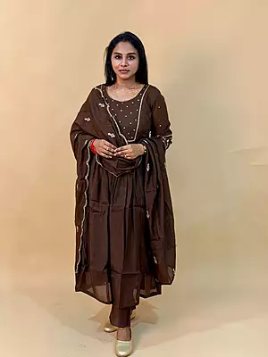 Luxury Celebrity Wear Chinon Silk Embroidered Kurti Set with Dupatta – Coffee Brown | M, L, XL, XXL