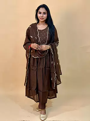 Luxury Celebrity Wear Chinon Silk Embroidered Kurti Set with Dupatta – Coffee Brown | M, L, XL, XXL