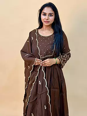 Luxury Celebrity Wear Chinon Silk Embroidered Kurti Set with Dupatta – Coffee Brown | M, L, XL, XXL