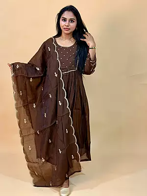 Luxury Celebrity Wear Chinon Silk Embroidered Kurti Set with Dupatta – Coffee Brown | M, L, XL, XXL