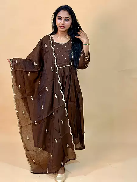 Luxury Celebrity Wear Chinon Silk Embroidered Kurti Set with Dupatta – Coffee Brown | M, L, XL, XXL