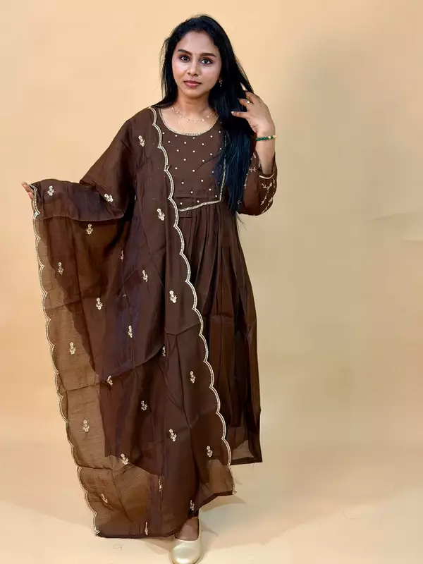 Luxury Celebrity Wear Chinon Silk Embroidered Kurti Set with Dupatta – Coffee Brown | M, L, XL, XXL