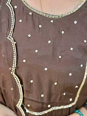 Luxury Celebrity Wear Chinon Silk Embroidered Kurti Set with Dupatta – Coffee Brown | M, L, XL, XXL