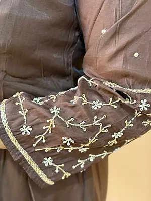 Luxury Celebrity Wear Chinon Silk Embroidered Kurti Set with Dupatta – Coffee Brown | M, L, XL, XXL