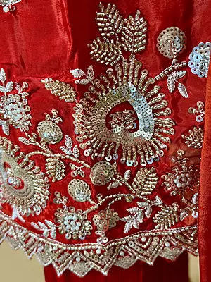 Luxury Celebrity Wear Chinon Silk Embroidered Kurti Set with Banarasi Dupatta – Ruby Red | M, L, XL, XXL, 3XL