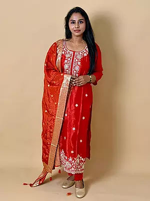 Luxury Celebrity Wear Chinon Silk Embroidered Kurti Set with Banarasi Dupatta – Ruby Red | M, L, XL, XXL, 3XL