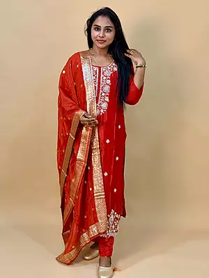 Luxury Celebrity Wear Chinon Silk Embroidered Kurti Set with Banarasi Dupatta – Ruby Red | M, L, XL, XXL, 3XL