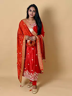 Luxury Celebrity Wear Chinon Silk Embroidered Kurti Set with Banarasi Dupatta – Ruby Red | M, L, XL, XXL, 3XL