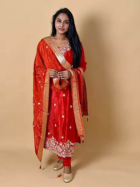 Luxury Celebrity Wear Chinon Silk Embroidered Kurti Set with Banarasi Dupatta – Ruby Red | M, L, XL, XXL, 3XL