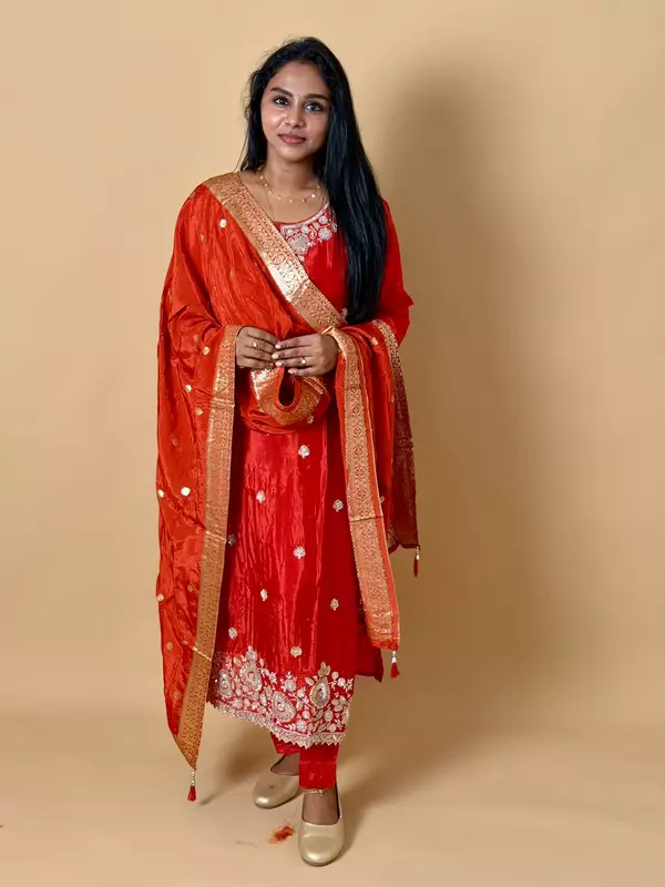 Luxury Celebrity Wear Chinon Silk Embroidered Kurti Set with Banarasi Dupatta – Ruby Red | M, L, XL, XXL, 3XL