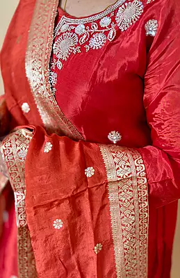 Luxury Celebrity Wear Chinon Silk Embroidered Kurti Set with Banarasi Dupatta – Ruby Red | M, L, XL, XXL, 3XL