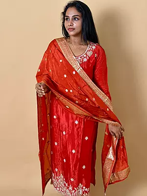Luxury Celebrity Wear Chinon Silk Embroidered Kurti Set with Banarasi Dupatta – Ruby Red | M, L, XL, XXL, 3XL