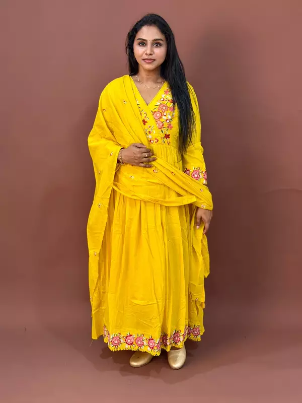 Luxury Celebrity Wear Floral Embroidered Mul Cotton Anarkali Kurti Set with Dupatta – Mustard Yellow | M, L, XL, XXL, 3XL