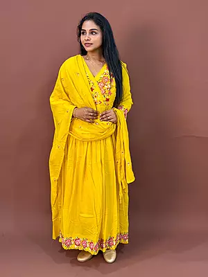 Luxury Celebrity Wear Floral Embroidered Mul Cotton Anarkali Kurti Set with Dupatta – Mustard Yellow | M, L, XL, XXL, 3XL