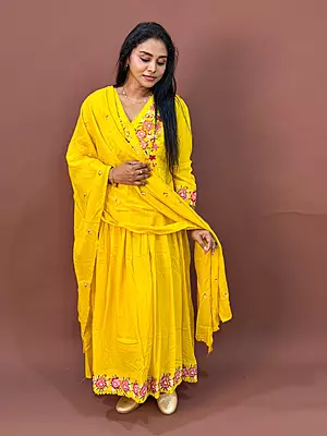 Luxury Celebrity Wear Floral Embroidered Mul Cotton Anarkali Kurti Set with Dupatta – Mustard Yellow | M, L, XL, XXL, 3XL