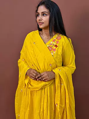 Luxury Celebrity Wear Floral Embroidered Mul Cotton Anarkali Kurti Set with Dupatta – Mustard Yellow | M, L, XL, XXL, 3XL