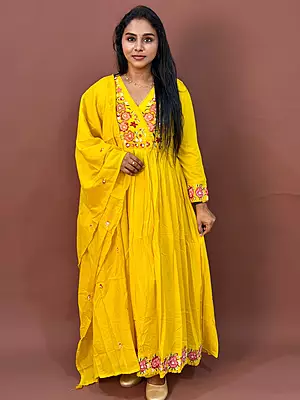 Luxury Celebrity Wear Floral Embroidered Mul Cotton Anarkali Kurti Set with Dupatta – Mustard Yellow | M, L, XL, XXL, 3XL