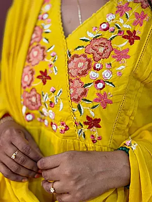 Luxury Celebrity Wear Floral Embroidered Mul Cotton Anarkali Kurti Set with Dupatta – Mustard Yellow | M, L, XL, XXL, 3XL