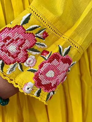 Luxury Celebrity Wear Floral Embroidered Mul Cotton Anarkali Kurti Set with Dupatta – Mustard Yellow | M, L, XL, XXL, 3XL