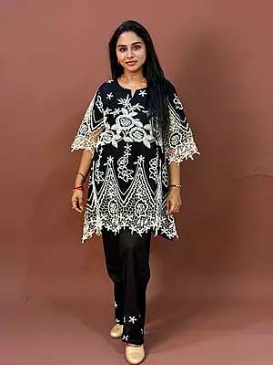 Luxury Celebrity Wear Slub Silk Kurti Set with Guipure Lace Appliqué – Black | M, L, XL, XXL
