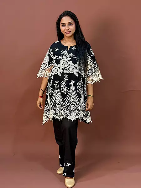 Luxury Celebrity Wear Slub Silk Kurti Set with Guipure Lace Appliqué – Black | M, L, XL, XXL