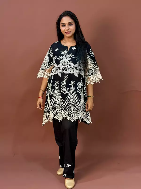 Luxury Celebrity Wear Slub Silk Kurti Set with Guipure Lace Appliqué – Black | M, L, XL, XXL