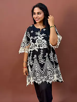 Luxury Celebrity Wear Slub Silk Kurti Set with Guipure Lace Appliqué – Black | M, L, XL, XXL