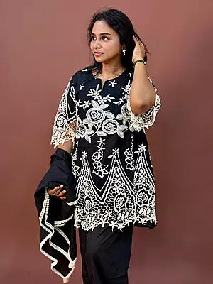 Luxury Celebrity Wear Slub Silk Kurti Set with Guipure Lace Appliqué – Black | M, L, XL, XXL
