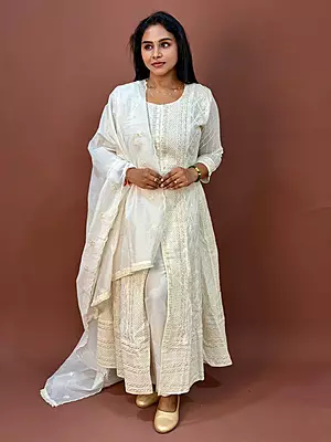 Luxury Celebrity Wear Lucknowi Chikankari Kurta Set with Dupatta – Ivory White | M, L, XL, XXL
