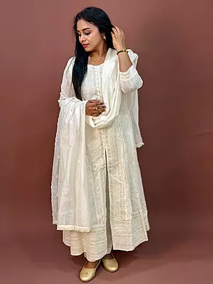 Luxury Celebrity Wear Lucknowi Chikankari Kurta Set with Dupatta – Ivory White | M, L, XL, XXL