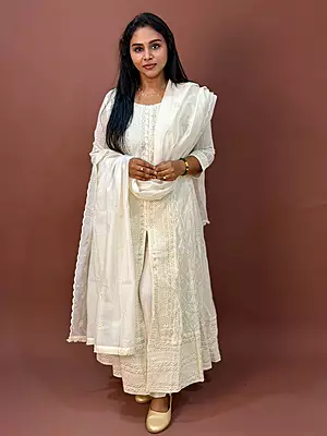 Luxury Celebrity Wear Lucknowi Chikankari Kurta Set with Dupatta – Ivory White | M, L, XL, XXL