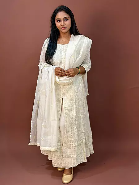 Luxury Celebrity Wear Lucknowi Chikankari Kurta Set with Dupatta – Ivory White | M, L, XL, XXL