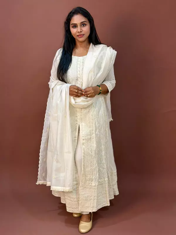 Luxury Celebrity Wear Lucknowi Chikankari Kurta Set with Dupatta – Ivory White | M, L, XL, XXL