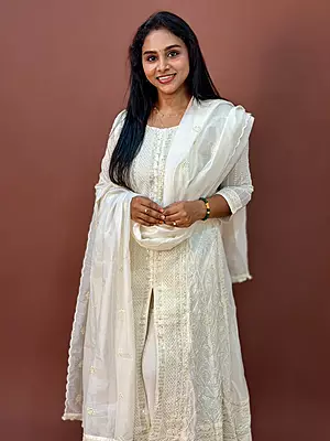 Luxury Celebrity Wear Lucknowi Chikankari Kurta Set with Dupatta – Ivory White | M, L, XL, XXL